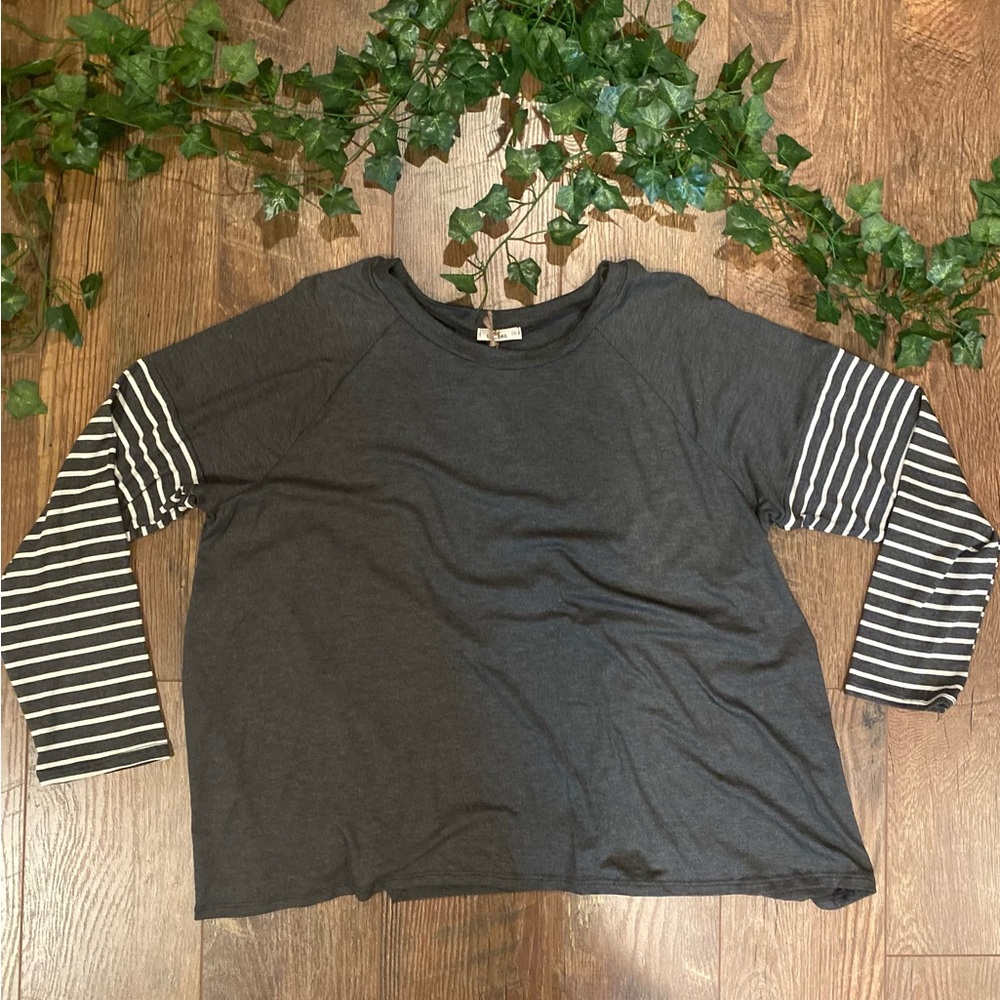 Plus Charcoal Solid/Stripe Mix Long Sleeve Top